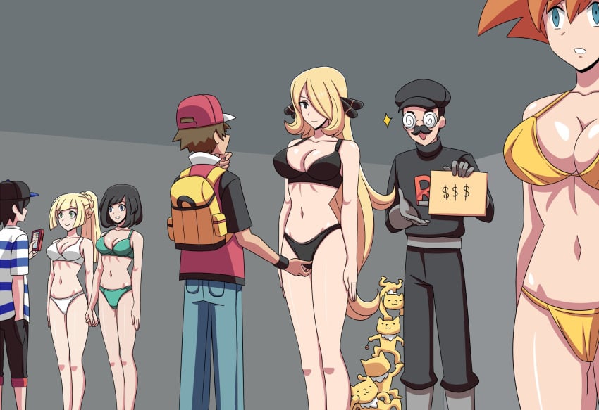 4girls age_difference auction bikini black_hair blonde_hair bra breasts champion cleavage clothed_male crotch_rub cynthia_(pokemon) electrickronos empty_eyes expressionless femsub gym_leader hair_covering_one_eye harem hat holding_hands human humor hypno hypnosis hypnotized inspection interspecies kasumi_(pokemon) large_breasts lillie_(pokemon) long_blonde_hair long_hair maledom mind_control misty_(pokemon) molestation multiple_girls multiple_subs navel nintendo orange_hair panties pokemon pokemon_(species) pokemon_champion pokemon_dppt pokemon_rgby pokemon_sm red_(pokemon) selene_(pokemon) sex_slave short_hair slave_auction slave_market smile standing standing_at_attention team_rocket team_rocket_grunt_(male) thin_female underwear_only