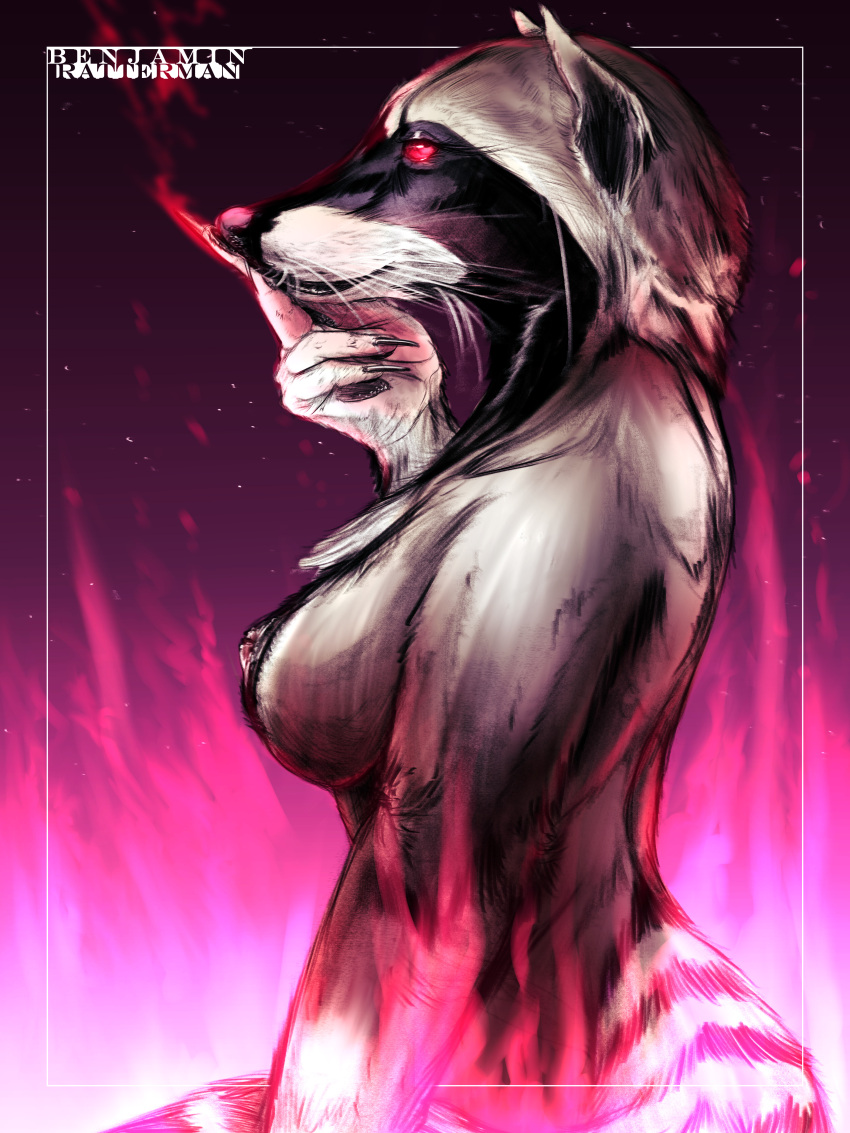 absurd_res animal_humanoid anthro band1tnsfw benjamin_ratterman big_breasts breasts exposed_breasts female fire glowing glowing_eyes hi_res humanoid looking_at_viewer magic mammal mammal_humanoid nipples procyonid procyonid_humanoid raccoon raccoon_humanoid raccoon_tail smile smirk solo