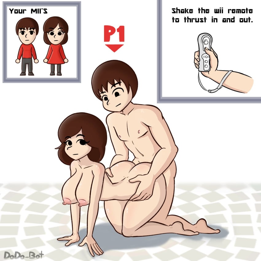 1boy 1girls 2021 areolae ass black_eyes breasts brown_hair dodo-bot duo english_text eyebrows_visible_through_hair female guest_c guest_f human human_only kneeling large_breasts male mii mob_face nintendo nipples nude sex straight text thighs wii