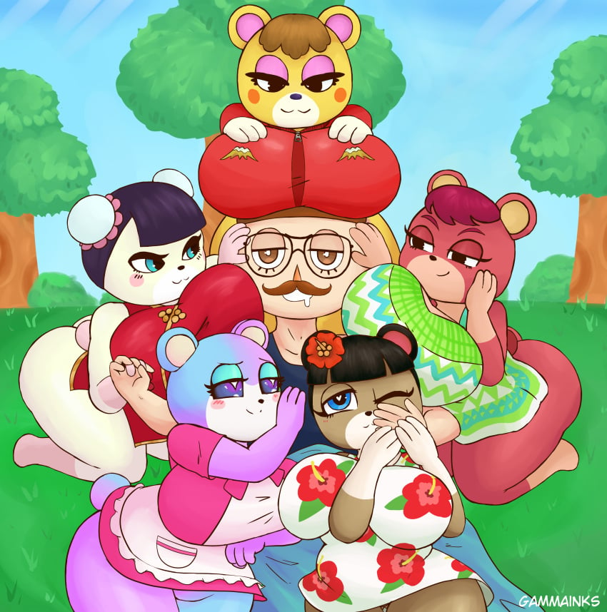 2021 aerth animal_crossing bear bear_ears big_breasts cheri_(animal_crossing) furry gammainks harem judy_(animal_crossing) june_(animal_crossing) male_human/female_anthro nintendo pekoe_(animal_crossing) shortstack tammy_(animal_crossing) villager_(animal_crossing)