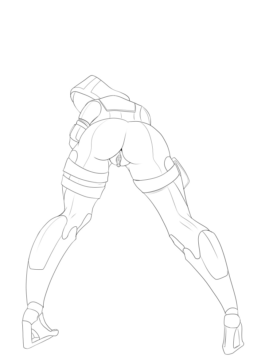 ass bending_forward bodysuit helmet hood looking_back mask monochrome presenting_ass presenting_pussy pussy quarian sketch skintight_bodysuit teqa thighhighs