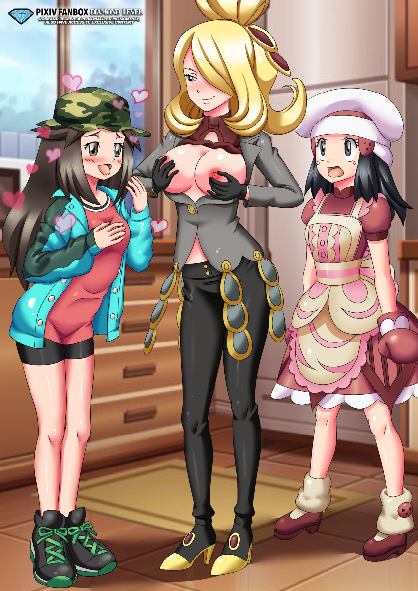 3girls age_difference alternate_costume alternate_hairstyle angry areolae bbmbbf blonde_hair blue_eyes blue_hair breasts brown_eyes brown_hair cheating cuckquean cynthia_(pokemon) dawn_(pokemon) diamond_level grey_eyes hat heart height_difference high_heels kommo-o_(cosplay) leaf_(pokemon) multiple_girls nipples open_mouth palcomix palentine's_day_dawn pietros_secret_club pokemon pokemon_(cosplay) pokemon_bdsp pokemon_champion pokemon_dppt pokemon_frlg pokemon_masters pokemon_trainer standing sygna_suit_cynthia sygna_suit_leaf yuri