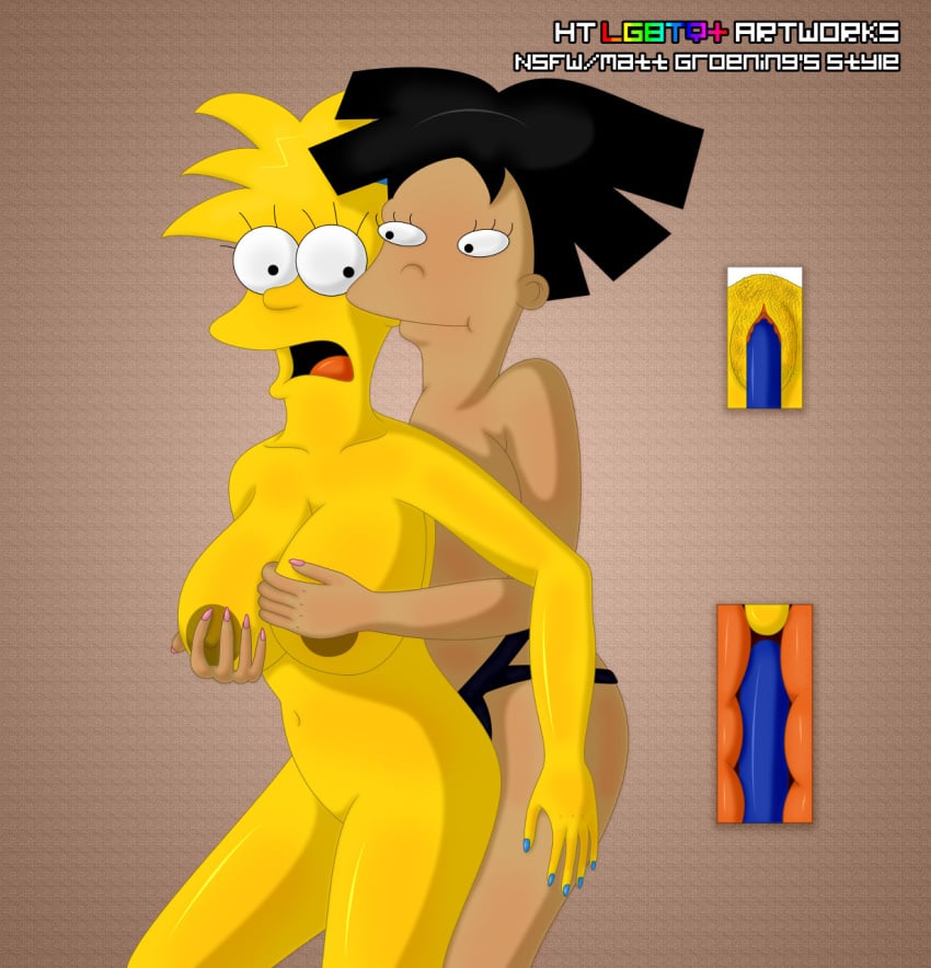 2girls amy_wong breasts crossover futurama grabbing_from_behind ht_lgbtq_artworks lesbian maggie_simpson multiple_girls nude strap-on the_simpsons vaginal vaginal_penetration vulva yellow_body yuri