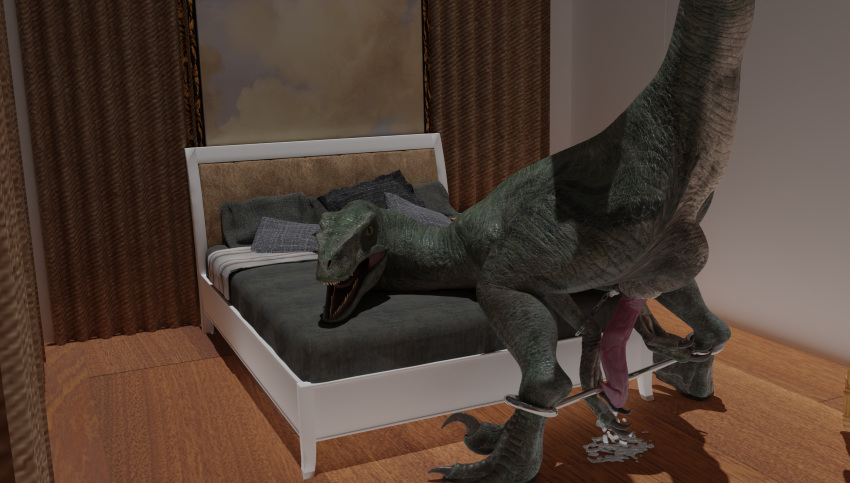 3d_(artwork) absurd_res bed bedroom blackburn538 blender_(software) bodily_fluids bondage bondage bound cum cum_drip cum_on_ground cum_pool delta digital_media_(artwork) dinosaur dripping dromaeosaurid erection feral furniture genital_fluids genitals handcuffs hi_res jurassic_park jurassic_world looking_at_viewer male penis reptile scalie shackles solo spreader_bar theropod universal_studios velociraptor