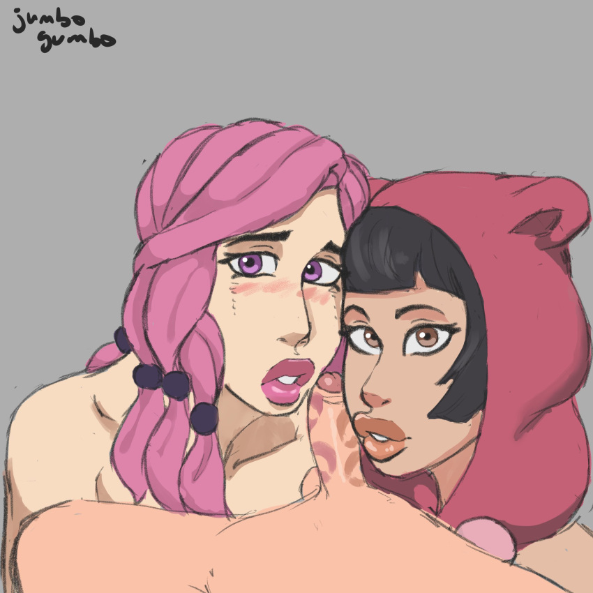 1boy 2girls collaborative_fellatio cum fellatio higashikata_daiya jojo's_bizarre_adventure jojolion jumbogumbo kiss_mark kiss_mark_on_penis kissing lipstick lipstick_mark lipstick_on_penis multiple_girls partial_male penis rainbow_party small_penis small_penis_adoration tagme teamwork yasuho_hirose