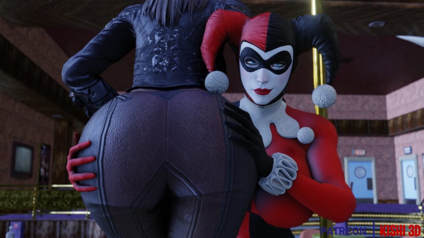 2girls 3d 3d_(artwork) ass ass_grab ass_worship batman:_arkham_city batman:_arkham_knight batman_(series) blue_eyes bodysuit dc dc_comics eyebrows_raised fat_ass female female_only hands_on_ass harley_quinn harley_quinn_(arkham) harley_quinn_(arkham_knight) harley_quinn_(classic) huge_ass kishi red_lipstick rocksteady_studios talia_al_ghul talia_al_ghul_(arkham_city) yuri