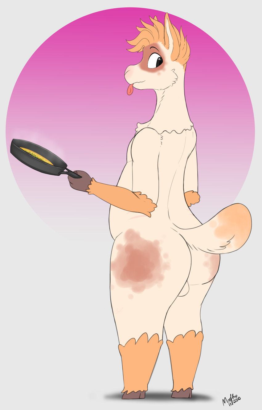 2020 absurd_res alpaca anthro ass balls biped blep camelid cooking cookware digital_media_(artwork) food frying_pan fur genitals hair hi_res hooves kitchen_utensils looking_at_viewer male mammal moofles123 nude olli_(braeburned) simple_background slightly_chubby solo spots spotted_body spotted_fur standing tongue tongue_out tools