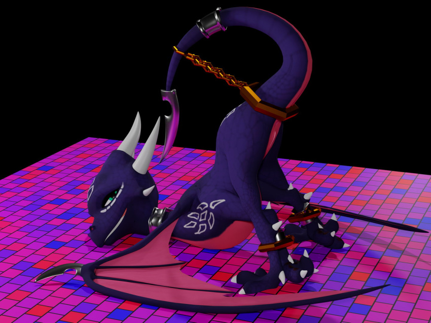 3d_(artwork) activision anus ass_up black_background blue_eyes bondage bound chains claws collar cynder digital_media_(artwork) dragon female feral genitals grin horn looking_at_viewer mosaic purple_body purple_scales pussy raised_tail restrained scales shackles simple_background smile solo spyro_the_dragon tail_blade tail_bondage tile video_games wings wingsandfire72