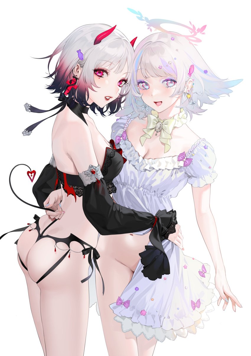 2girls angel ass big_ass character_request choker cleavage crop_top cropped_arms cropped_shirt cross_earrings devil devil_horns devil_tail dress earrings female female_only goth hair_highlights hairclip halo holding_hips horns light-skinned_female lolita_fashion looking_at_viewer multiple_girls neck_bow no_bra ohisashiburi ombre_hair open_dress original original_character original_characters painted_nails pink_eyes pussy red_earrings red_eyes red_lipstick shaved_pussy small_breasts smile smiling tail thong uncensored victorian white_background white_dress white_eyes white_hair wings yuri