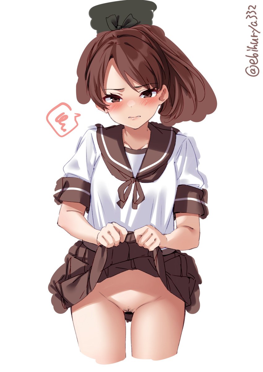 1girls blush brown_eyes brown_hair censored ebifurya embarrassed female kantai_collection nopan pubic_hair pussy school_uniform seifuku shikinami_(kantai_collection) simple_background sketch skirt skirt_lift solo thighs