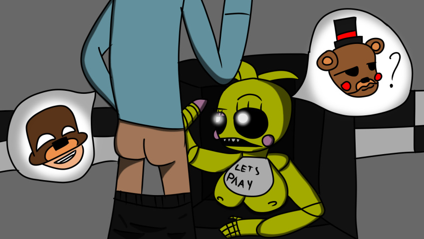 1boy 1girls animatronic chicken dark_eyes female male mask masturbation vent yellow_skin