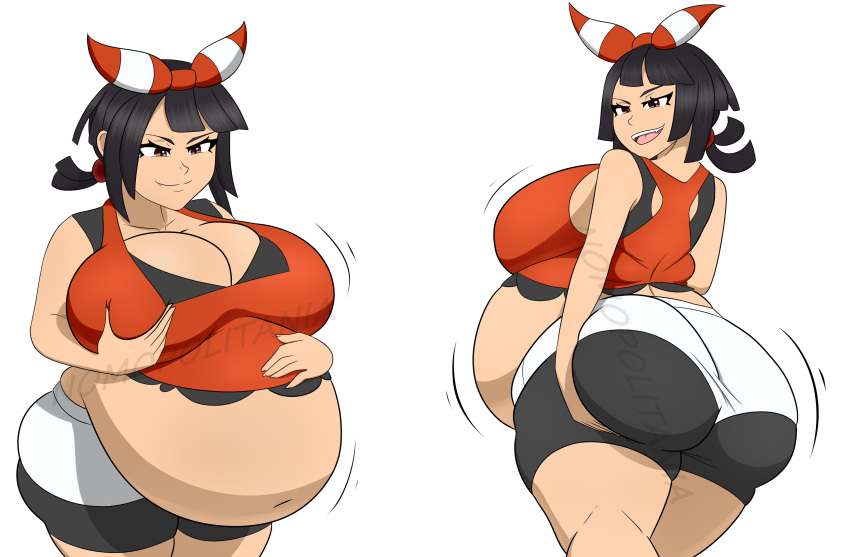 1girls after_vore backside big_ass big_breasts black_hair brown_eyes chubby cleavage groping huge_breasts implied_vore may_(pokemon)_(cosplay) may_(pokemon_oras)_(cosplay) navel nomopolitainia oerba_yun_fang pokemon pokemon_oras post_vore self_grope short_hair smug stealing_clothes tagme thick_thighs tight_clothing vore vore_belly watermark weight_gain zinnia_(pokemon)