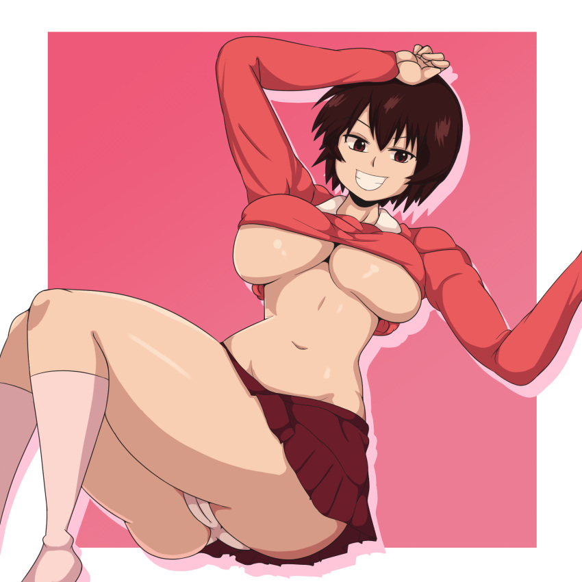 1girls arms_up ass azumanga_daiou belly belly_button breasts brown_eyes brown_hair brown_skirt brunette cameltoe clothes_lift curvy curvy_body curvy_female curvy_figure female female_focus female_only full_body groin hand_on_head hands_up high_socks hips huge_ass iggy-bomb kagura_(azumanga_daiou) kneesocks large_breasts legs light-skinned_female light_skin looking_at_viewer maroon_skirt midriff navel panties pantyshot pink_background pink_socks pink_sweater red_eyes red_skirt red_sweater school_uniform schoolgirl shirt_lift short_hair short_skirt smile socks solo solo_female solo_focus stomach sweater sweater_lift thick_ass thick_hips thick_thighs thighs tits tomboy tummy underboob upskirt white_background white_panties wide_hips