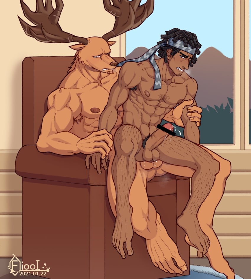 2boys anal anal_sex anthro anthro_on_human anthro_penetrating anthro_penetrating_human antlers bane_perez dark-skinned_male dark_hair dark_nipples dark_penis dark_skin deer deer_taur elk fur furry gay gay_sex identity_v male male_only muscular muscular_male tagme william_ellis_(identity_v) yaoi