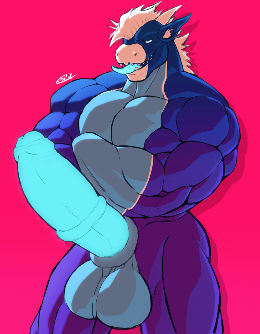 2021 absurd_res anthro balls big_balls big_muscles big_penis crossed_arms dragon e-zoid erection foreskin genitals hair hi_res horn huge_balls huge_cock huge_muscles hybrid_genitalia hybrid_penis hyper hyper_balls hyper_genitalia hyper_penis male muscular muscular_anthro muscular_male nude open_mouth open_smile pecs penis pink_background scalie simple_background smile solo standing tongue tongue_out triceps uncut western_dragon