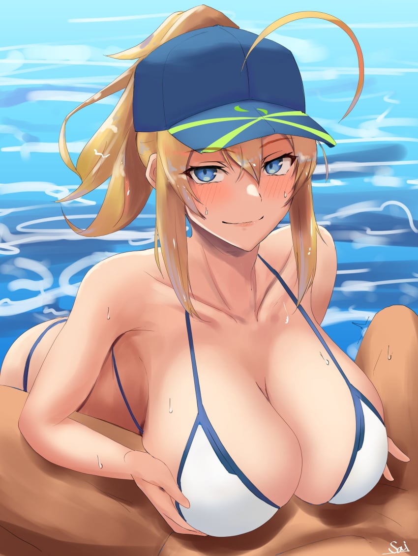 1boy 1girls absurdres ahoge alternate_breast_size artoria_pendragon aya_(user_ddya7452) bangs bare_shoulders big_breasts bikini blonde_hair blue_eyes blush breast_hold breasts cleavage fate/grand_order fate_(series) female hair_between_eyes hair_through_headwear highres huge_breasts large_breasts looking_at_viewer lying mysterious_heroine_x mysterious_heroine_xx_(foreigner) nude on_back out_of_frame paizuri partially_submerged sidelocks smile straight swimsuit water