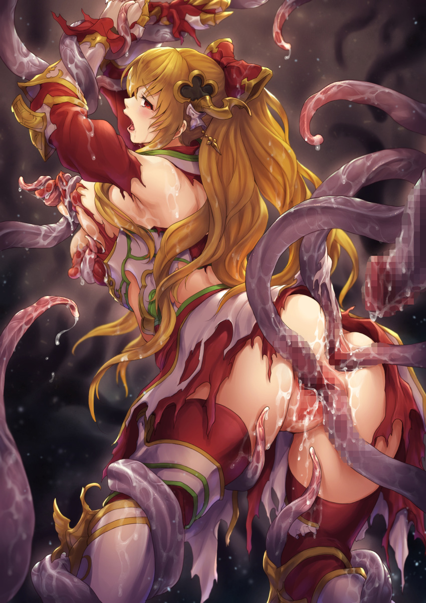 anal anus arm_grab armor arms_up ass blonde_hair boots bow breast_squeeze breasts broken_armor censored commission crying crying_with_eyes_open double_penetration female gauntlets granblue_fantasy hairbow highres interspecies knee_boots kuragetakos large_breasts leg_armor leg_grab long_hair mosaic_censoring nipples open_mouth pixel-perfect_duplicate pussy red_bow red_eyes red_shirt red_thighhighs restrained saliva saliva_trail sex shirt simple_background skeb_commission solo spread_anus spread_pussy suggestive_fluid tears tentacle tentacle_sex thighhighs tied_hair torn_clothes vaginal_penetration vira_(granblue_fantasy) vira_lillie