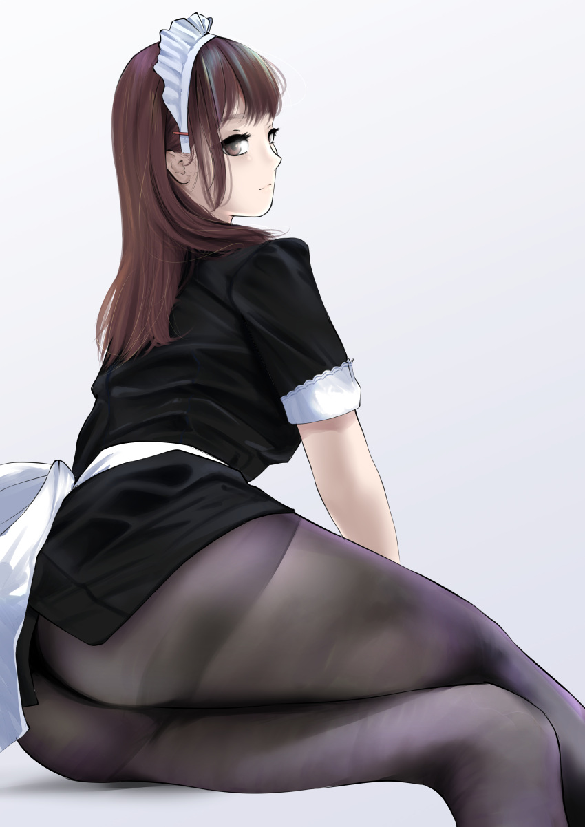 absurdres ass bangs black_skirt brown_eyes brown_hair bubble_butt female highres huge_filesize long_hair looking_back maid original pantyhose rain_prophet short_sleeves simple_background sitting skirt thick_thighs thighband_pantyhose