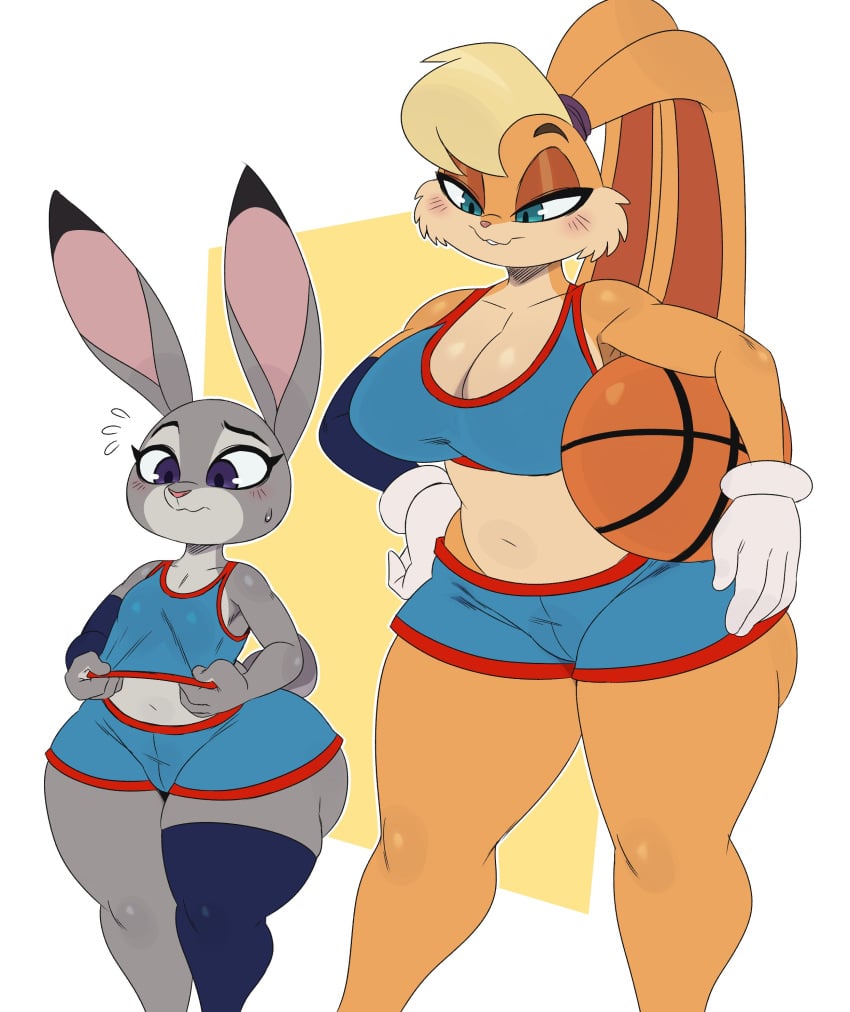 basketball basketball_uniform big_breasts blue_eyes blush bottom_heavy breasts bunny bunny_humanoid clothing cream_body cream_fur crossover disney females females_only flat_chest flat_chested gray_body gray_fur judy_hopps lagomorph lagomorph_humanoid large_breasts leporid leporid_humanoid lola_bunny long_hair looney_tunes purple_eyes shorts shortstack space_jam space_jam:_a_new_legacy sssonic2 thick_thighs warner_bros warner_brothers wide_hips zootopia