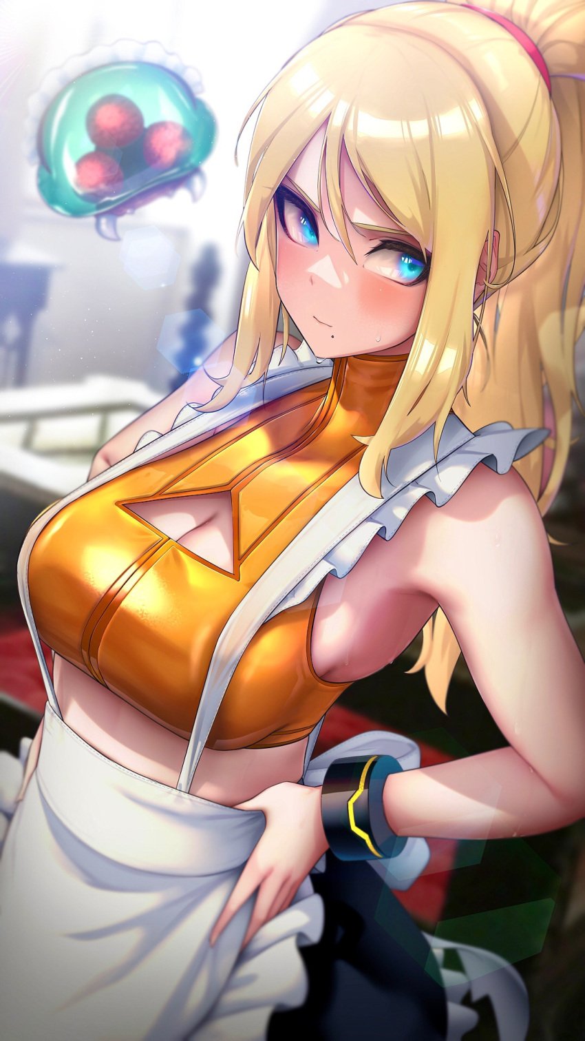 1girls annoyed apron baby_(metroid) bangs bare_shoulders big_breasts blonde_hair blue_eyes blurry_background blush breasts cleavage cleavage_cutout clothed embarrassed female female_only fully_clothed hizake human kashu_(hizake) kitchen long_hair maid maid_uniform metroid metroid_(creature) mole_under_mouth nervous nintendo ponytail samus_aran sweatdrop thin thin_waist