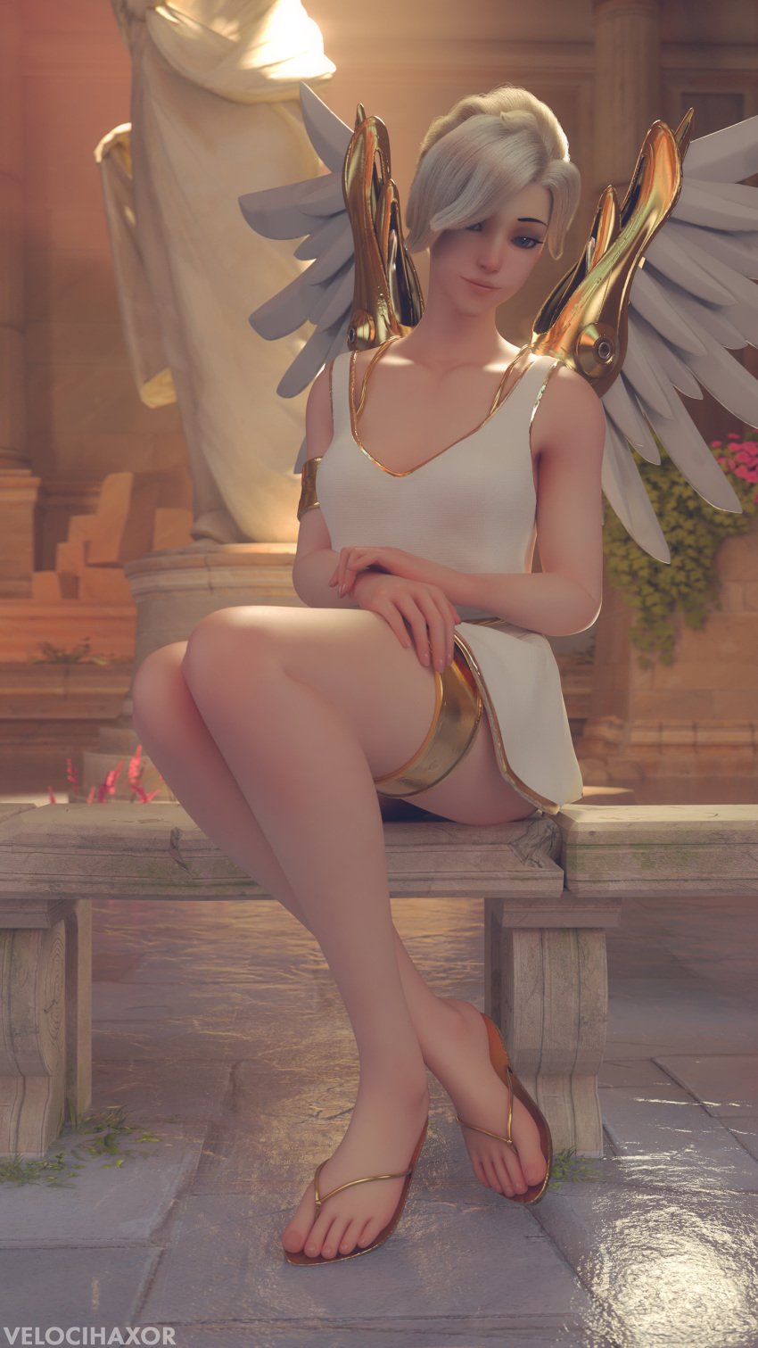 1girls 3d 9:16 alternate_costume blizzard_entertainment blonde blonde_hair blue_eyes breasts cute dress feet flip_flops highres looking_at_viewer mercy open_toe_shoes overwatch sandals shoes short_skirt solo statue thick_thighs velocihaxor winged_victory_mercy wings