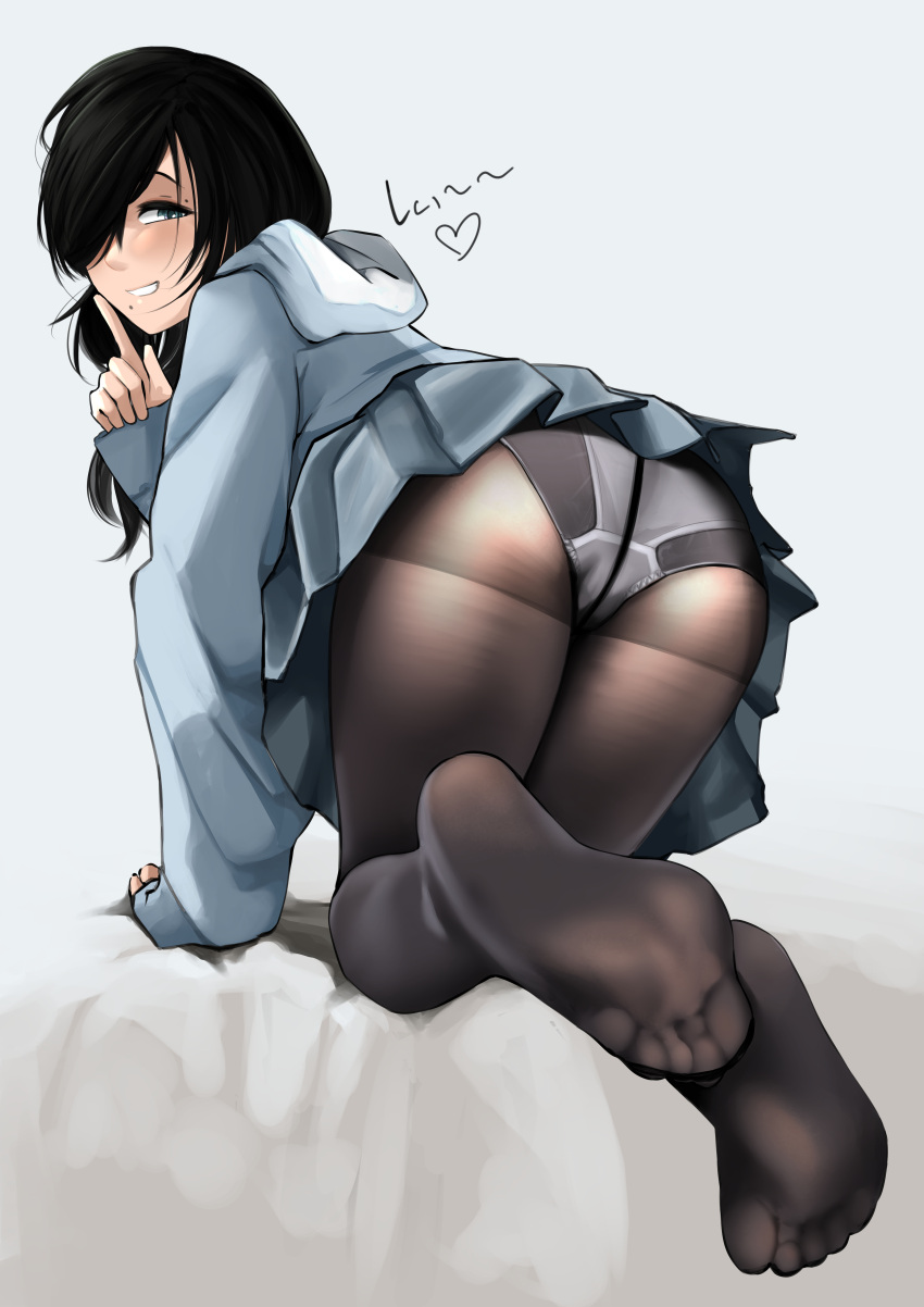 absurdres all_fours ass black_hair black_legwear blue_skirt feet female hair_over_one_eye highres hood hood_down hoodie index_finger_raised long_hair looking_at_viewer looking_back mole mole_above_eye mole_under_mouth original panties panties_under_pantyhose pantyhose rain_prophet simple_background skirt soles underwear