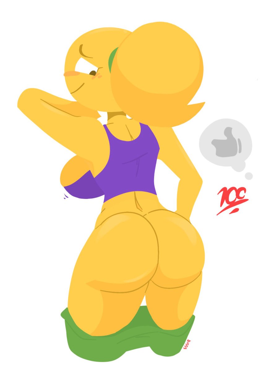 ass ass_focus big_ass big_breasts big_butt blush breasts clothing emoji emoji_(race) emoji_slut emojifam_(sssir8) female female_focus mooning no_outlines no_panties pants_down ponytail sideboob slobbyslapper sssir sssir8 thick_thighs yellow_hair yellow_skin yoga_pants