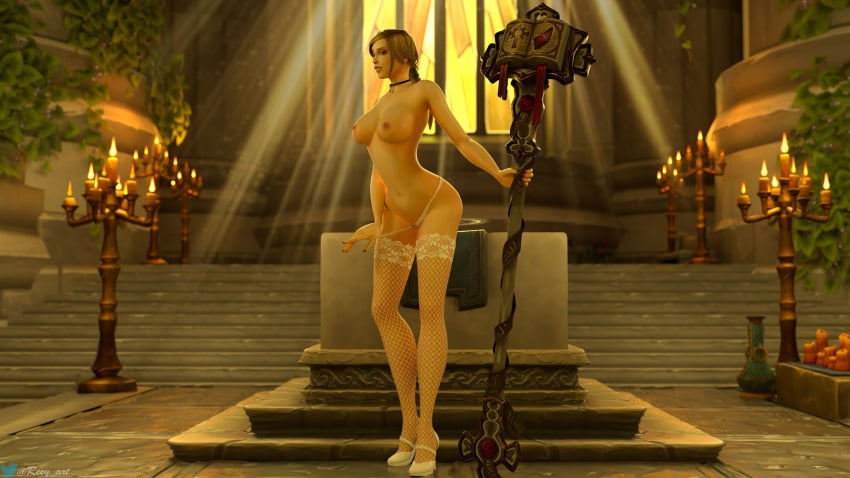 1girls blonde_hair church collar eager female female_only grace_ahrena heels hips human legs panties panties_pull panties_pulled_down posing reey_art solo stockings topless warcraft world_of_warcraft wow