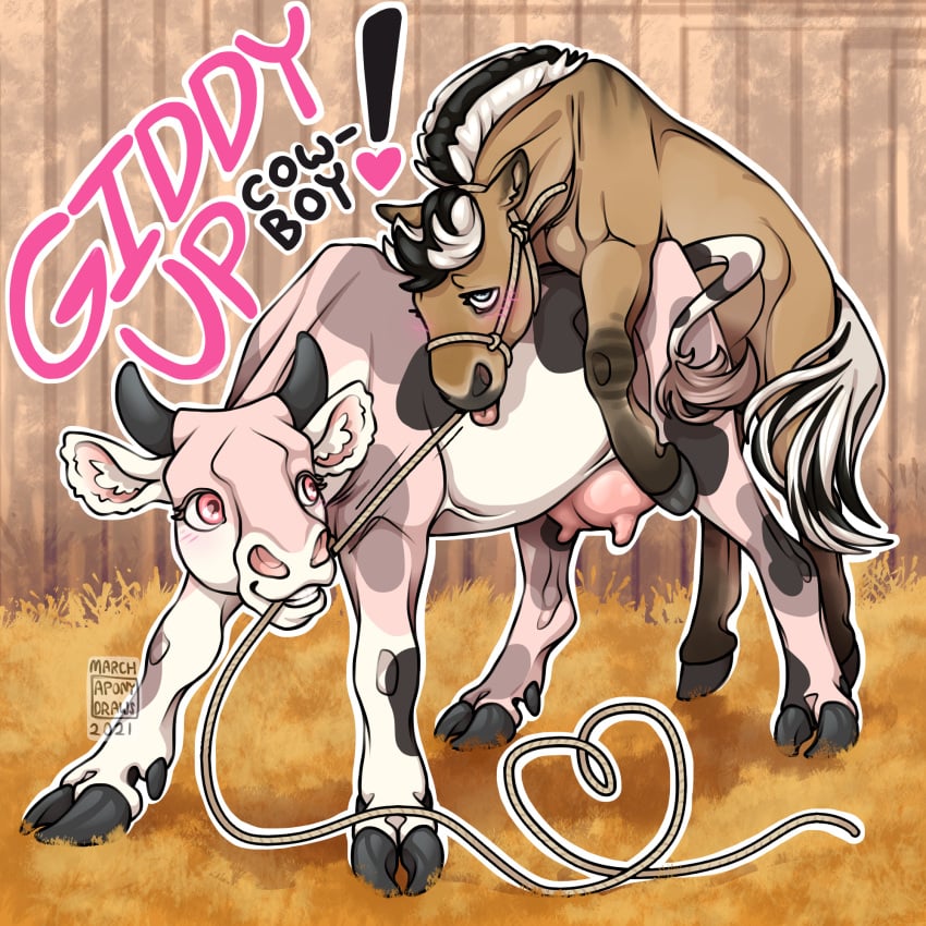 2021 a-pony a_pony black_and_white_hair black_hair black_spots blue_eyes blush bovid bovine brown_body brown_fur brown_spots cattle cloven_hooves countershading digital_drawing_(artwork) digital_media_(artwork) draft_horse duo english_text equid equine eye_roll female female_penetrated feral feral_on_feral fjord_horse from_behind_position fur grey_body grey_hooves grey_horn grey_nose grey_skin hair halter heart hi_res hooves horn horse horse_mane horse_tail larger_penetrated male male/female male_penetrating male_penetrating_female mammal mane mounting multicolored_hair penetration pink_body pink_eyes pink_fur pink_nose pink_skin power_bottom rope sex shaded signature size_difference smaller_male smile spots standing standing_sex tail_aside tan_body tan_fur teats text tongue tongue_out two_tone_hair two_tone_tail udders white_hair