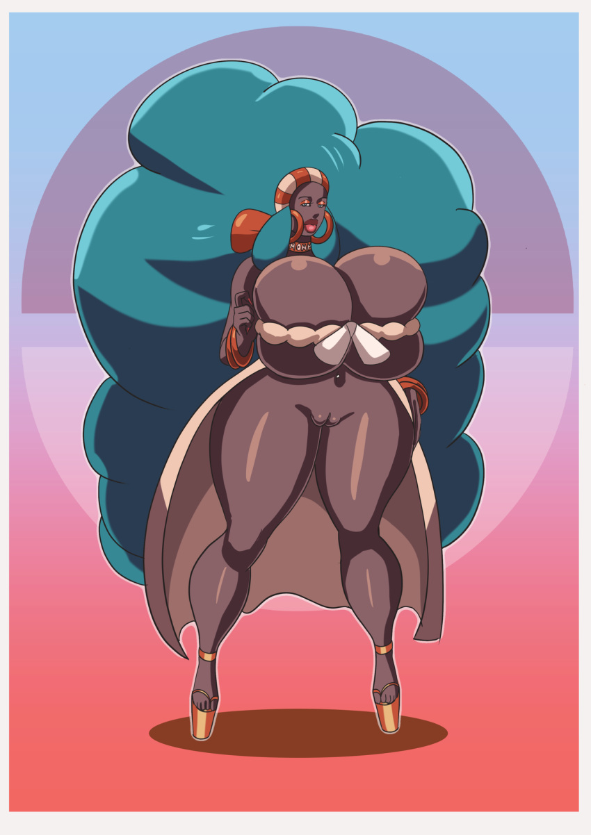 1girls annon bimbo breasts choker dark-skinned_female female female_only functionally_nude green_hair high_heels hoop_earrings huge_breasts human lenora_(pokemon) milf nintendo pokemon pokemon_bw solo