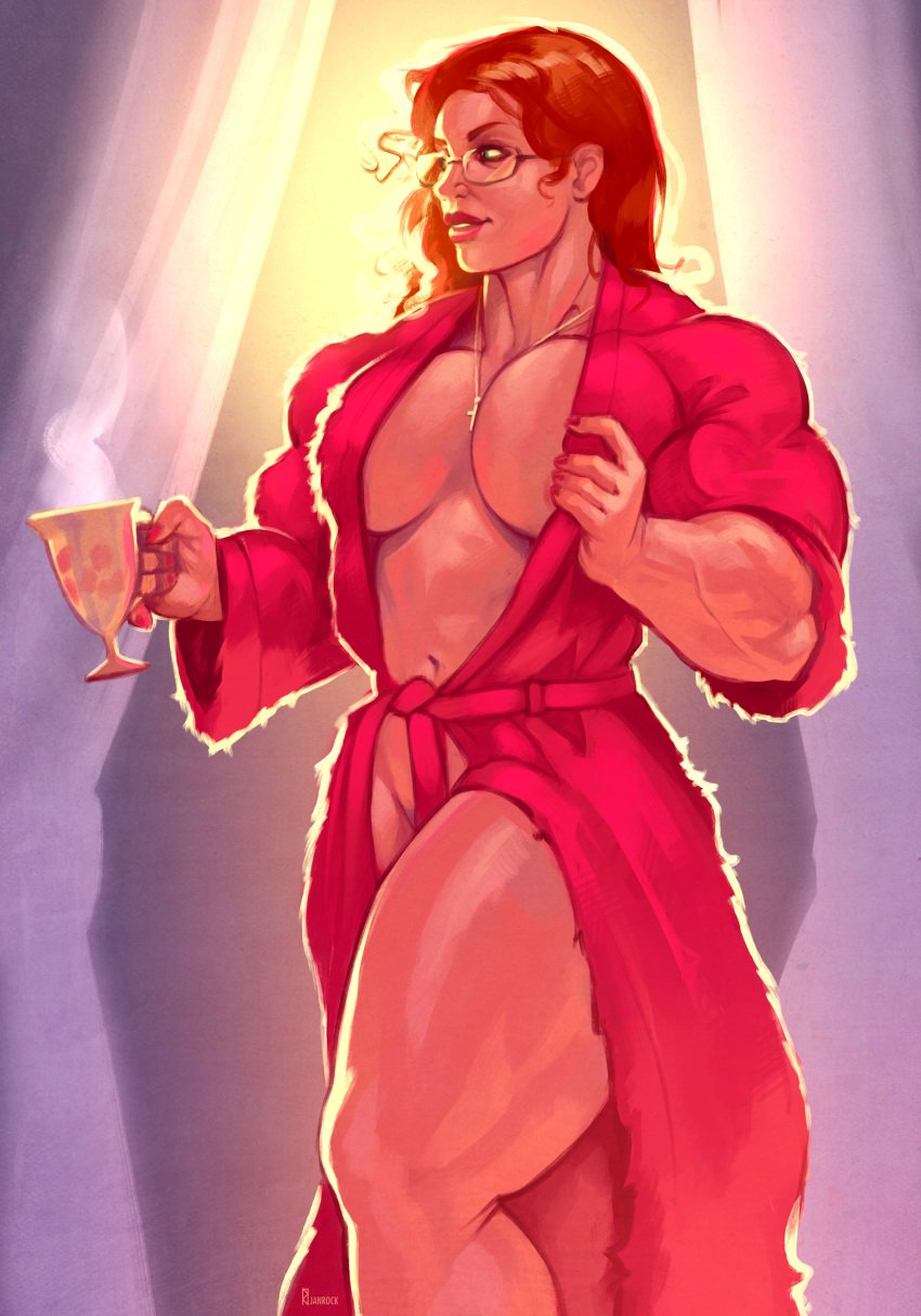 bathrobe breasts busty cup extreme_muscles female glasses green_eyes janrock milf muscles muscular_female navel pink_bathrobe red_hair solo thick_thighs