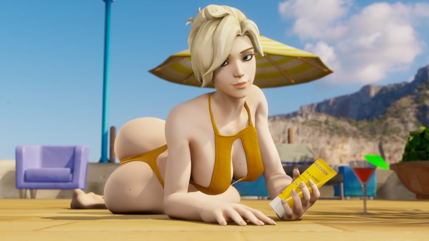 1girls 3d ass beach big_ass big_breasts bikini blizzard_entertainment blonde_hair blue_eyes breasts cleavage clothed exposed_ass exposed_breasts looking_at_viewer mercy one-piece_swimsuit overwatch solo sunscreen swimsuit wackation wide_hips