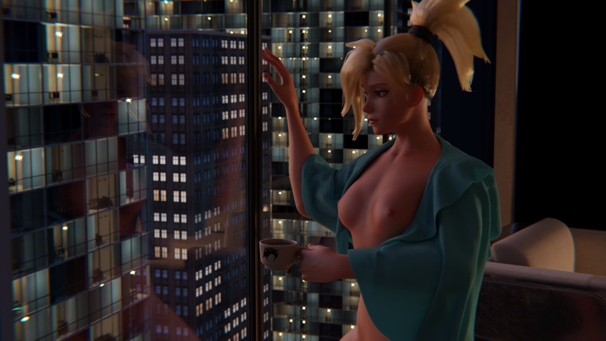 3d coffee_mug exposed_breasts exposed_nipples looking_at_reflection looking_through_window mercy overwatch relaxing studioaberration translucent_clothing