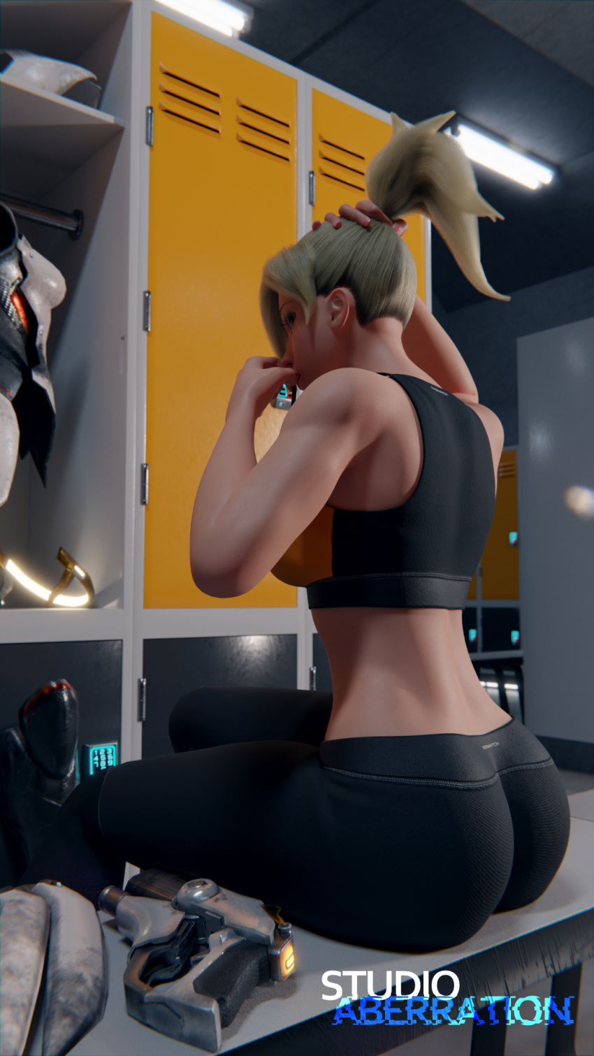 1girls 3d ass blonde_hair breasts gym gym_uniform locker_room long_hair mercy overwatch ponytail solo sports_bra sportswear studioaberration tying_hair white_skin yoga_pants