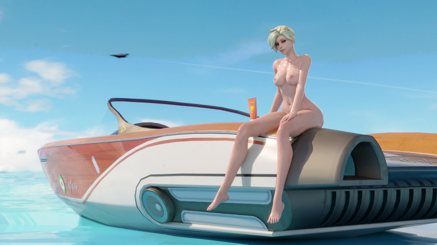 1girls 3d blizzard_entertainment blonde_hair blue_eyes boat breasts exposed_breasts exposed_nipples futuristic looking_at_viewer mercy naked nude overwatch sitting solo sunscreen wackation wide_hips