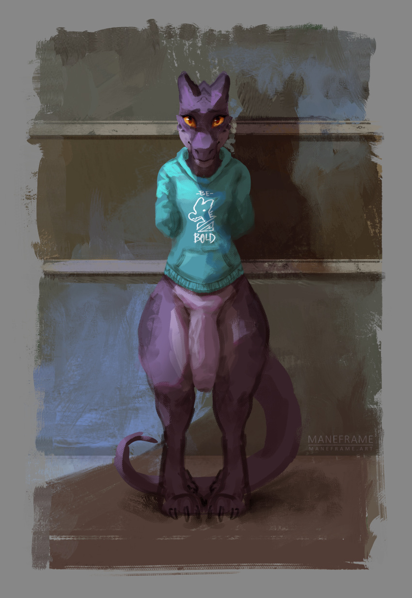 absurd_res amber_eyes anthro big_penis bottomless_male clothing flaccid foreskin genitals hi_res hoodie huge_cock kobold male maneframe nil penis purple_body purple_scales scales solo standing topwear uncut