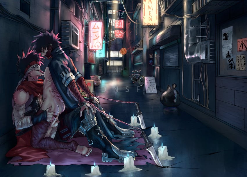 2boys akaguro_chizome alley alleyway bandage bandage_on_face bandaged_arm bare_legs bare_thighs barefoot black_hair bodily_fluids boots burn_scar burning_candles candle candles chained_wrists chains chizome_akaguro clothing cum dabi detailed_background gay genital_fluids genital_piercing genitals hand_on_back hand_on_thigh jacket jacket_only knife knives ldnsfw long_tongue male male/male male_penetrated male_penetrating male_penetrating_male my_hero_academia penis penis_in_ass pierced_genitals piercing piercings precum scar scars stain_(my_hero_academia) sweatdrop todoroki_touya tongue touya_todoroki yaoi