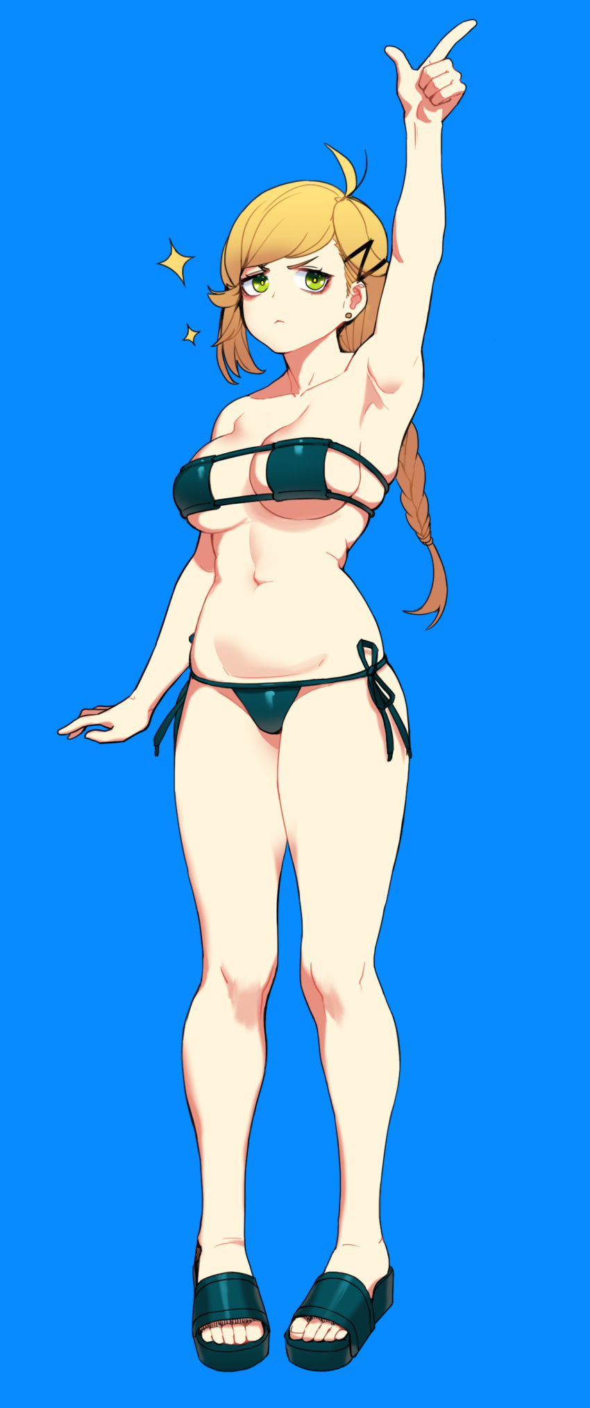 :< absurdres arm_at_side arm_up armpits bags_under_eyes bangs bare_legs bikini black_bikini blonde_hair blue_background braid breasts bright_pupils cain_(gunnermul) cleavage earrings eyepatch_bikini female full_body green_eyes hair_ornament hairclip highres index_finger_raised jewelry korean_commentary large_breasts long_hair navel original pigeon-toed pointing pointing_up sandals side-tie_bikini simple_background single_braid single_sidelock solo sparkle standing stud_earrings swept_bangs swimsuit very_long_hair