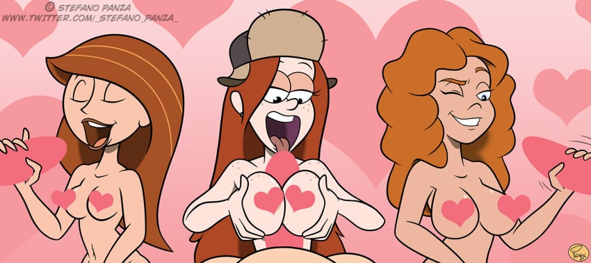 3boys 3girls censored closed_eyes disney disney_channel disney_xd female ginger gravity_falls handjob human ilpanza kim_possible kimberly_ann_possible melissa_chase milo_murphy's_law multiple_girls nude one_eye_closed paizuri redhead unseen_male_face valentine's_day wendy_corduroy