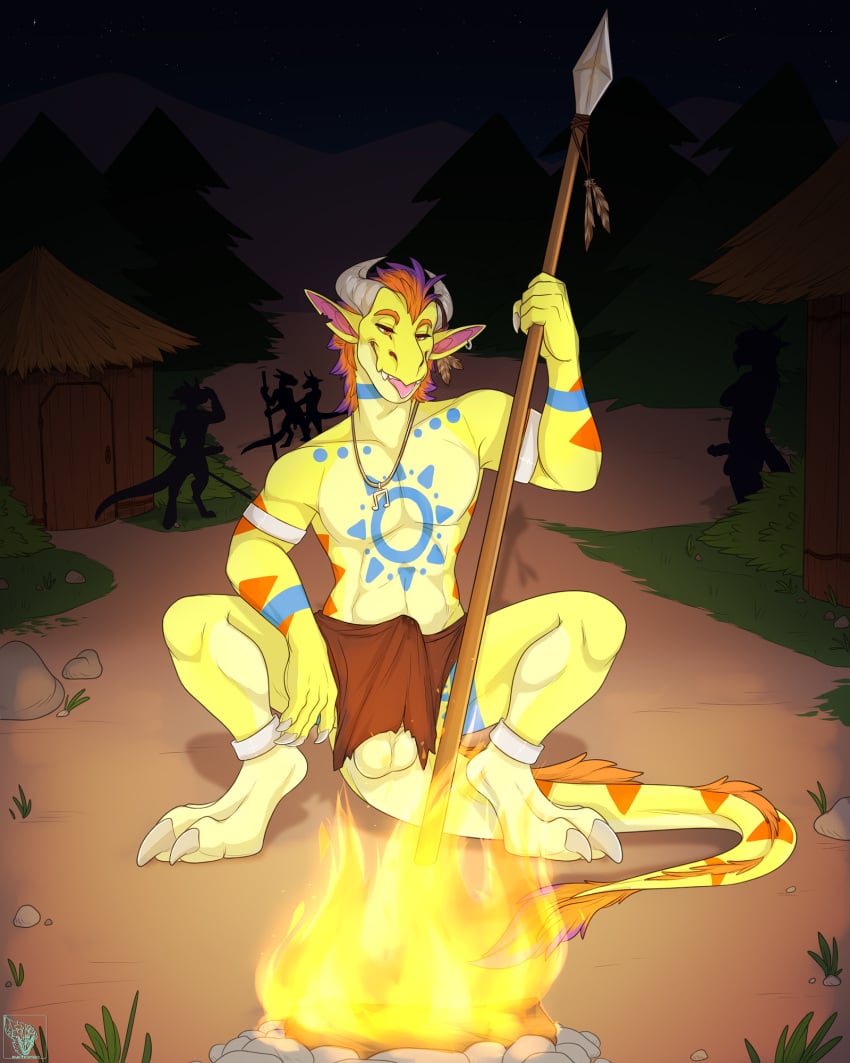 2021 alcitron anthro background_character balls bodily_fluids bottomwear claws clothing detailed_background digital_media_(artwork) dragon ear_piercing earth_dragon electroporn erection fire fur genital_fluids genitals grass hair hi_res horn hut loincloth looking_at_viewer male male_only melee_weapon muscular muscular_anthro muscular_male outside penis piercing plant polearm precum presenting_balls rock smile solo spear stones tattoo toe_claws tongue tongue_out tree tribal tribe weapon