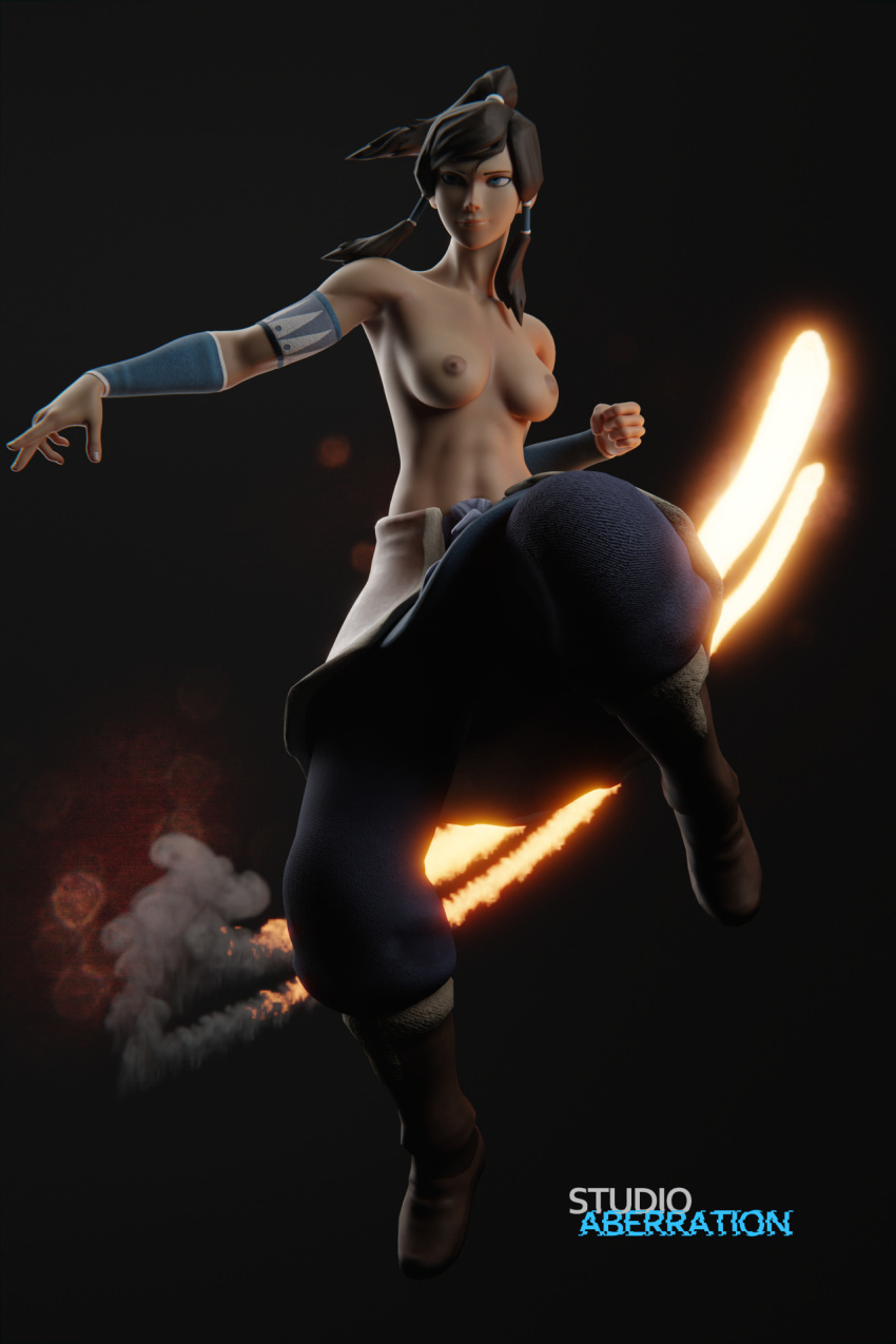 1girls 3d abs action_pose areolae armband athletic_female avatar_legends baggy_pants bare_shoulders black_background blue_eyes boots breasts breasts_out casual_nudity clenched_fist clothing dark-skinned_female dark_skin determined exposed_nipples female female_focus female_only female_protagonist fire firebending fit_female jumping korra martial_arts medium_breasts midriff nickelodeon nipples nonsexual_nudity pants perky_breasts punch punching smooth_skin solo studioaberration the_avatar the_legend_of_korra tomboy topless water_tribe wrist_wraps