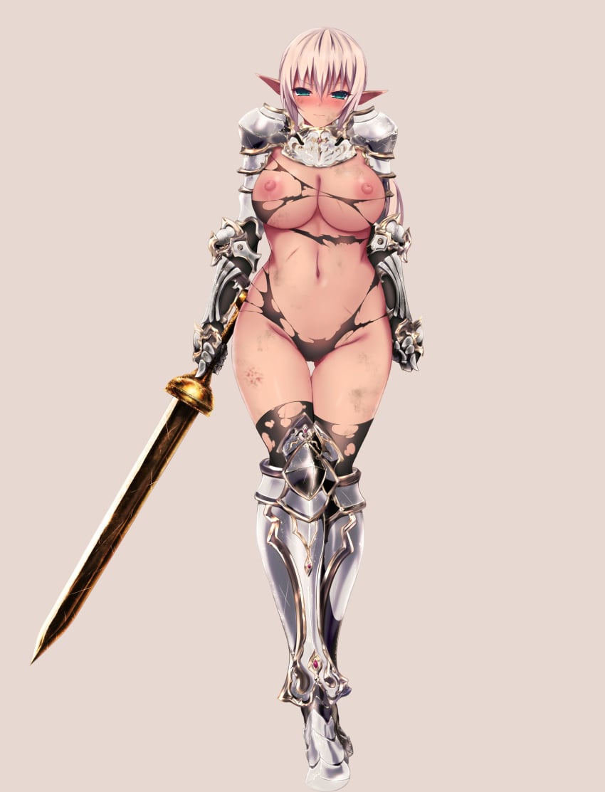 1girls akina_t armor big_breasts bikini_armor elf knight large_breasts pointy_ears revealing_clothes skimpy skimpy_clothes solo solo_female sword torn_clothes voluptuous warrior weapon