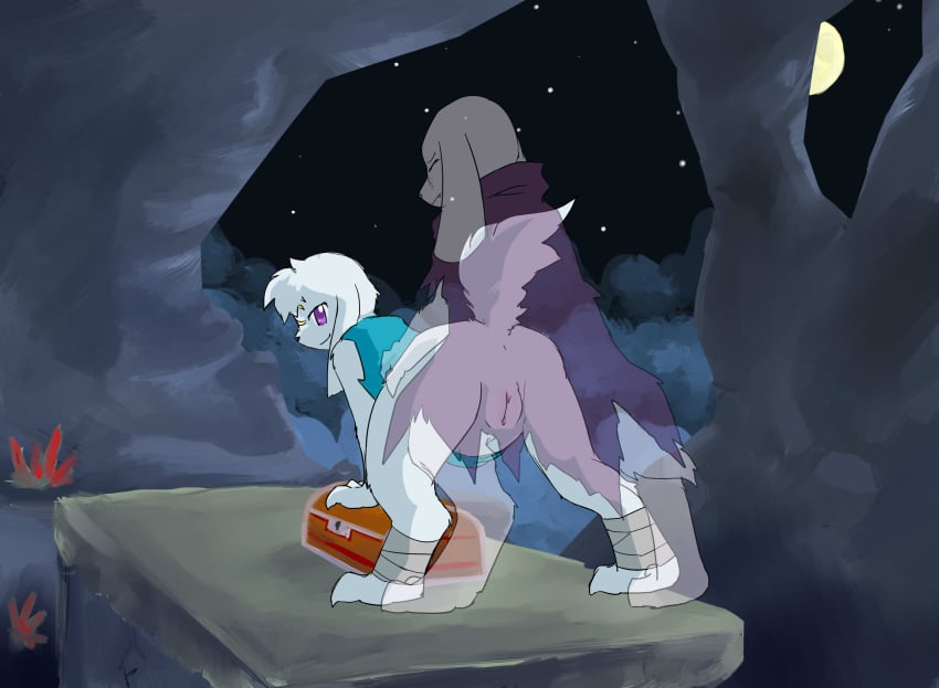 anthro anus ass bent_over bottomless cave_story clothed clothing colored digital_media_(artwork) female fur genitals ghost hatiimiga hi_res king_(cave_story) lagomorph looking_at_viewer male male/female mammal mimiga presenting presenting_hindquarters purple_eyes pussy sex spirit video_games white_body white_fur