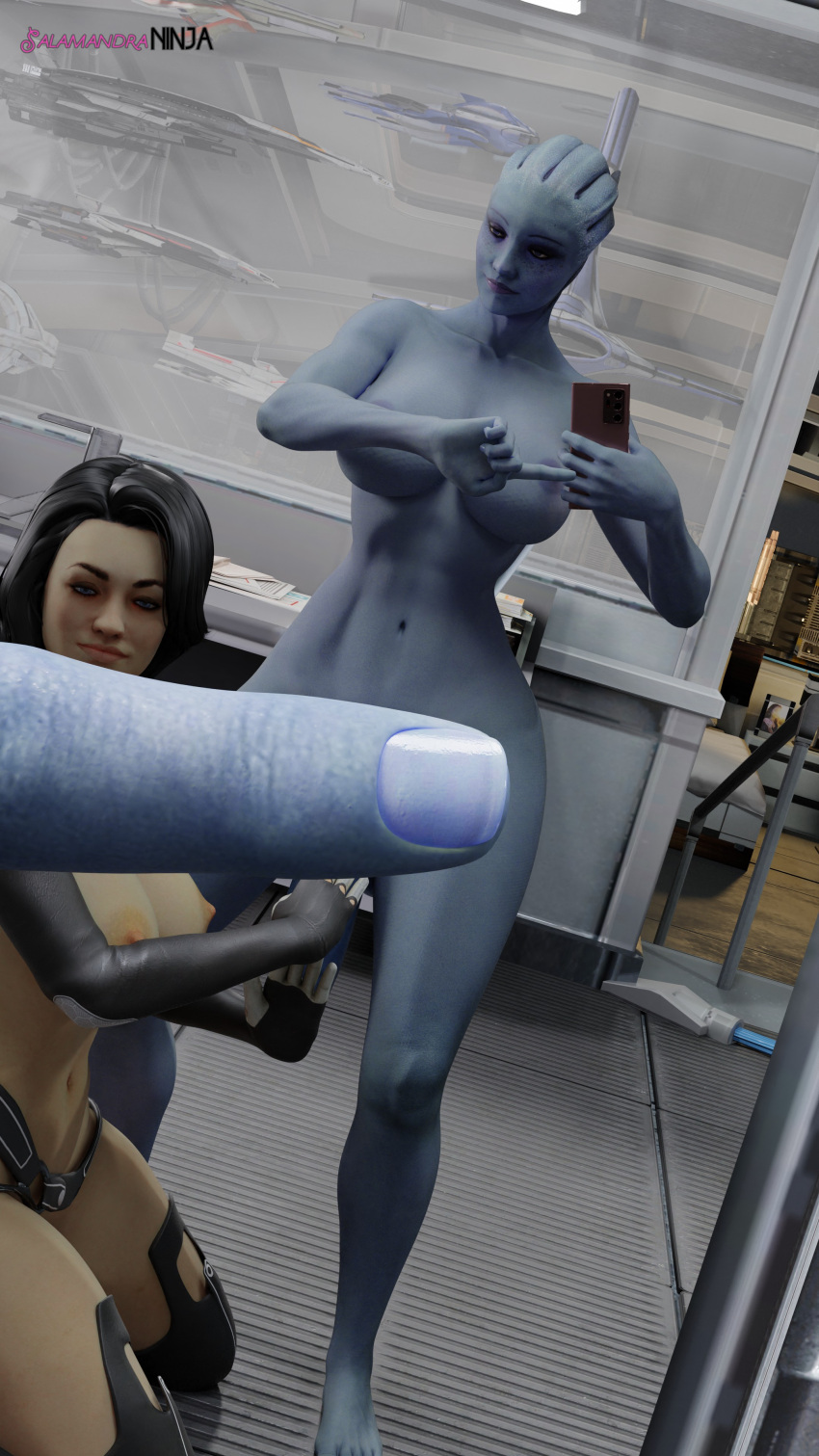 1futa 1girls 3d areolae asari balls blender blue_skin breasts challenge_succeeded dark-skinned_futanari erect_nipples female flaccid futa_with_female futanari huge_breasts huge_cock intersex liara_t'soni mass_effect miranda_lawson nipples nude one_finger_selfie_challenge panties penis salamandraninja topless wide_hips