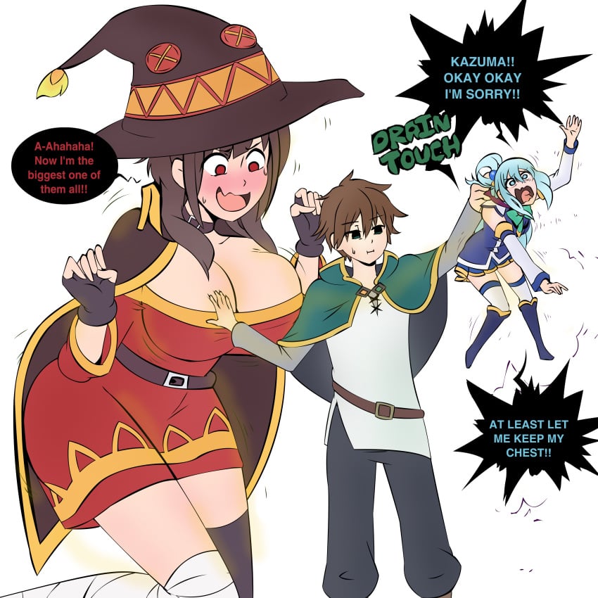 2girls aqua_(konosuba) attribute_theft blue_eyes blue_hair boots breast_expansion breast_reduction brown_eyes brown_hair colored english_text giantess green_eyes growth hat heel_boots herretik high_heel_boots huge_ass huge_breasts ivelacia kono_subarashii_sekai_ni_shukufuku_wo! larger_female megumin satou_kazuma shrinking tagme text thigh_boots thighhigh_boots third-party_edit