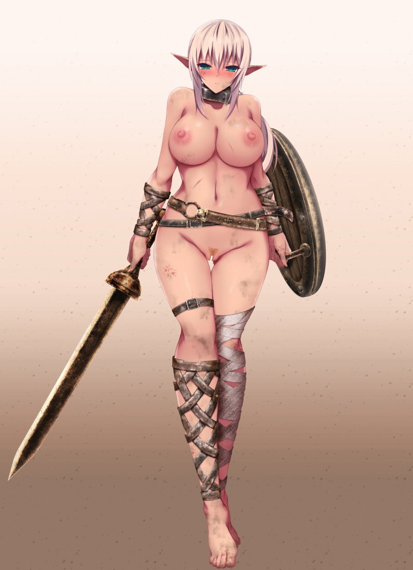 1girls akina_t barefoot big_breasts elf feet gladiator gladiatrix large_breasts pointy_ears revealing_clothes skimpy skimpy_clothes solo solo_female sword voluptuous weapon