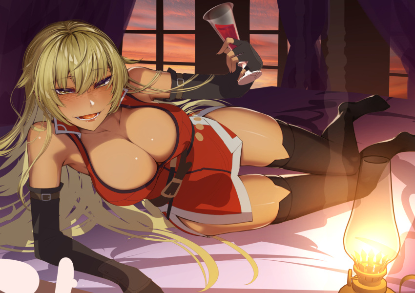 1girls bangs bare_thighs bed_sheet bedroom big_breasts black_gloves blonde_hair blush breasts cleavage cluseller cup dark-skinned_female dark_skin dress drinking_glass elbow_gloves female fingerless_gloves fire_emblem fire_emblem:_the_binding_blade gloves igrene_(fire_emblem) large_breasts long_hair looking_at_viewer mole nintendo open_mouth red_dress smile solo solo_female thighhighs wine_glass yellow_eyes