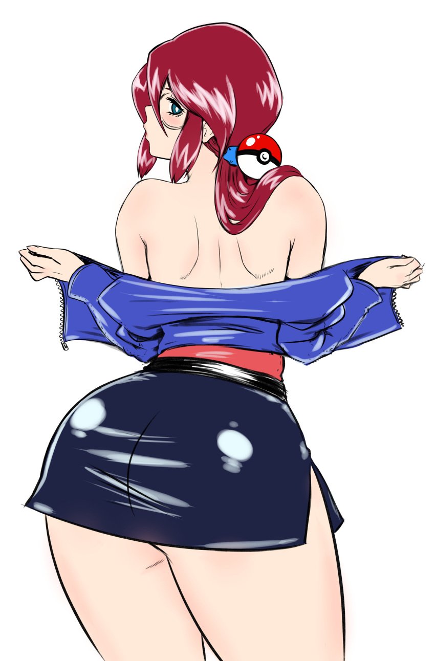 1girls ass awesomeerix back_view bare_back bare_thighs big_ass blue_eyes elite_four glasses hair_tie large_ass looking_at_viewer lorelei_(pokemon) lorelei_(pokemon_anime) medium_hair pokeball pokemon pokemon_(anime) pokemon_rgby prima_(pokemon) red_hair short_skirt skirt solo solo_female undressing