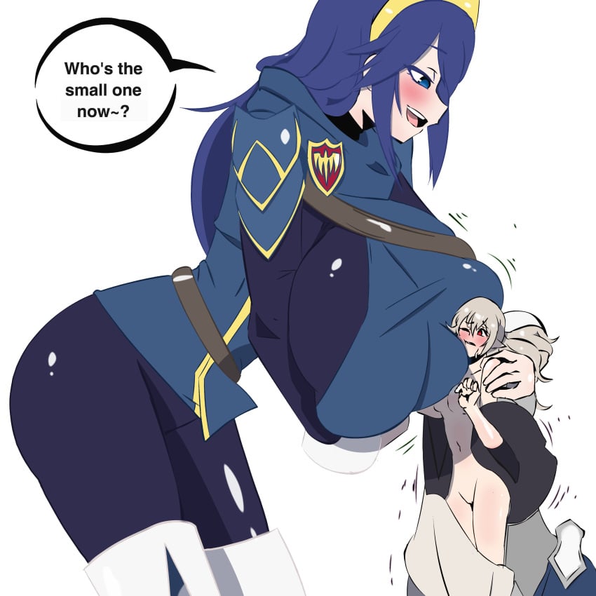 2girls attribute_theft blue_hair breast_expansion colored corrin_(female)_(fire_emblem) corrin_(fire_emblem) corrin_(fire_emblem)_(female) fire_emblem fire_emblem_awakening fire_emblem_fates growing herretik huge_breasts ivelacia large_ass lucina_(fire_emblem) minigirl shrinking size_difference size_play size_theft third-party_edit white_hair