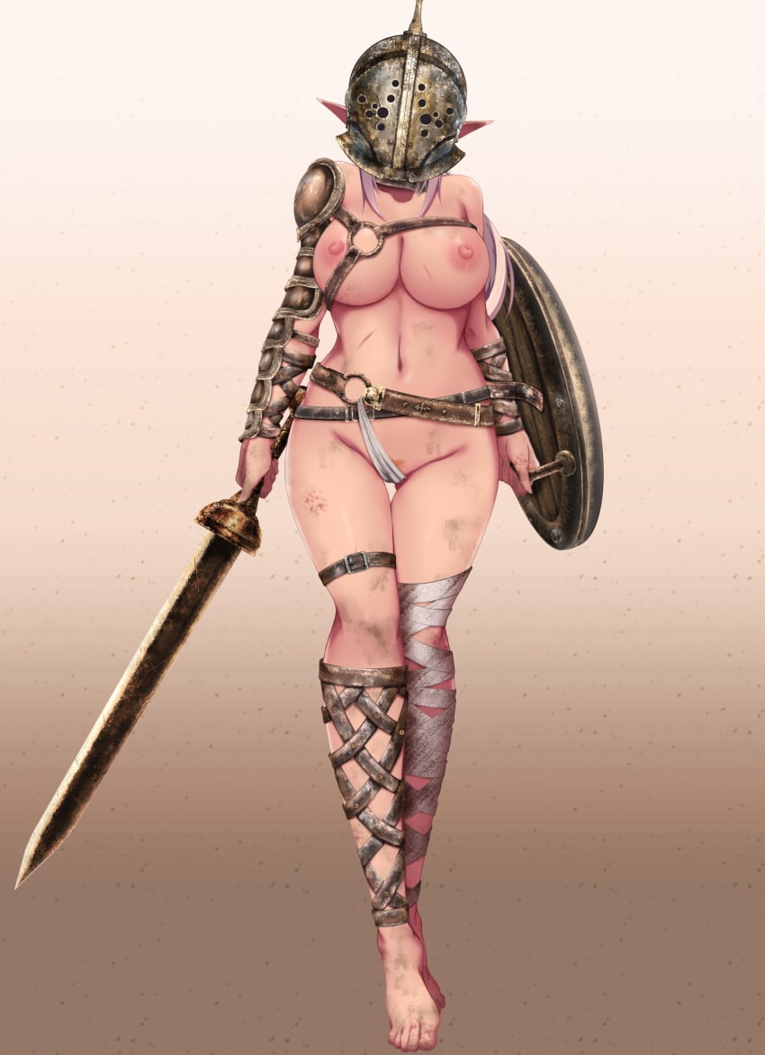 1girls akina_t big_breasts dirty elf gladiator large_breasts pointy_ears revealing_clothes skimpy skimpy_clothes solo solo_female sword voluptuous weapon